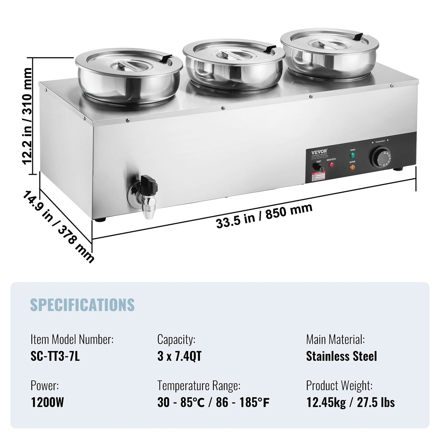 Commercial Soup Warmer Soup Station med 3*7,4Qt Pot Soup Vattenkokare