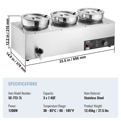 Commercial Soup Warmer Soup Station med 3*7,4Qt Pot Soup Vattenkokare