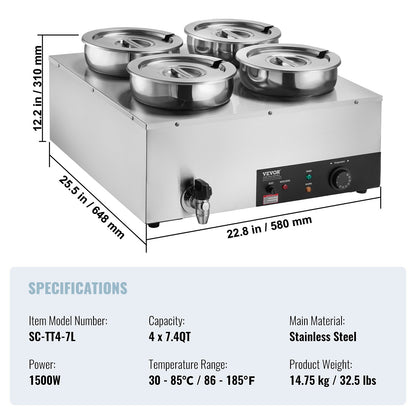 Commercial Soup Warmer Soup Station med 4*7,4Qt Pot Soup Vattenkokare