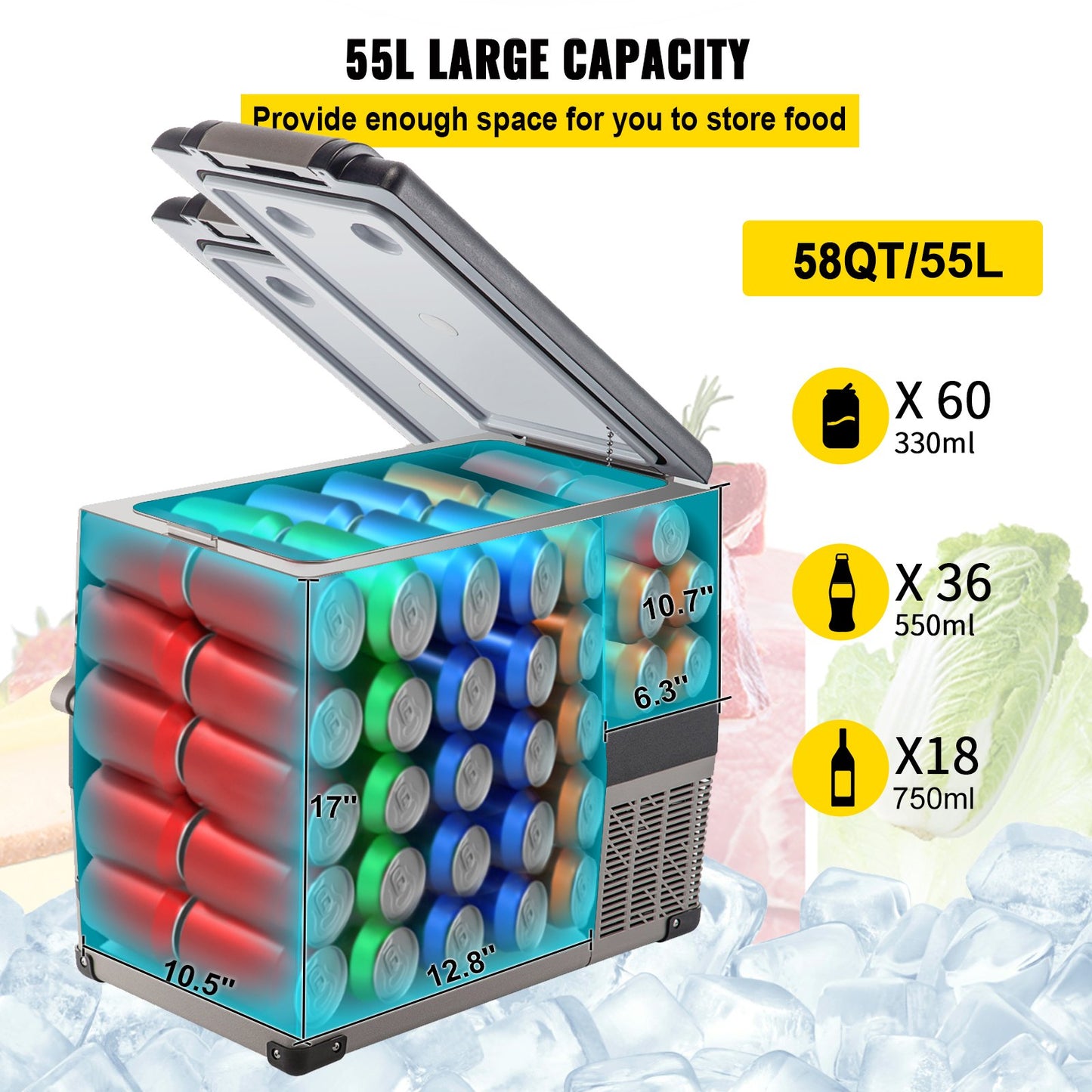 Bilkylskåp 55L Kompressor Bärbar Litet Kylskåp Bil Kylskåp Frys Fordon Bil Lastbil RV Båt Mini Elektrisk kylare för körning Resor Fiske utomhus och hemmabruk