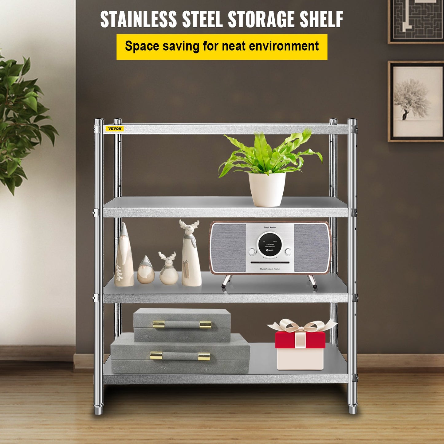 Hyllor i rostfritt stål, 46,8 x 18,5 tums 4-vånings justerbar förvaringsenhet, rostfritt stål Heavy Duty-hyllor för kök Kommersiellt kontor Garageförvaring 330lb per hylla