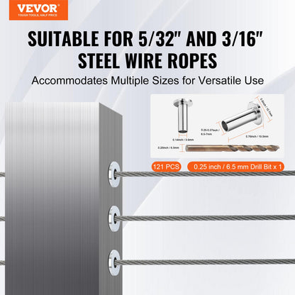 121-pack T316 skyddshylsor i rostfritt stål för 4 mm 4,8 mm vajerkabelräcke, DIY Balustrade T316 marin kvalitet, levereras med en gratis borr, silver