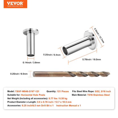 121-pack T316 skyddshylsor i rostfritt stål för 4 mm 4,8 mm vajerkabelräcke, DIY Balustrade T316 marin kvalitet, levereras med en gratis borr, silver
