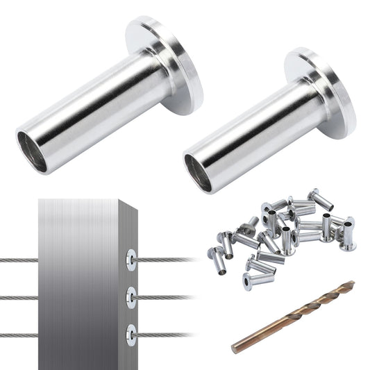 121-pack T316 skyddshylsor i rostfritt stål för 4 mm 4,8 mm vajerkabelräcke, DIY Balustrade T316 marin kvalitet, levereras med en gratis borr, silver