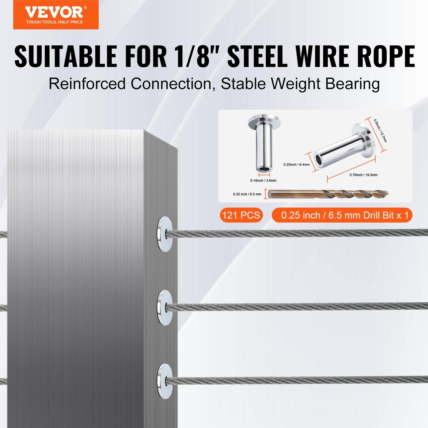 121-pack T316 skyddshylsor i rostfritt stål för 3,2 mm vajerkabelräcke, DIY Balustrade T316 marinkvalitet, levereras med gratis borr, silver