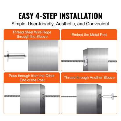121-pack T316 skyddshylsor i rostfritt stål för 3,2 mm vajerkabelräcke, DIY Balustrade T316 marinkvalitet, levereras med gratis borr, silver