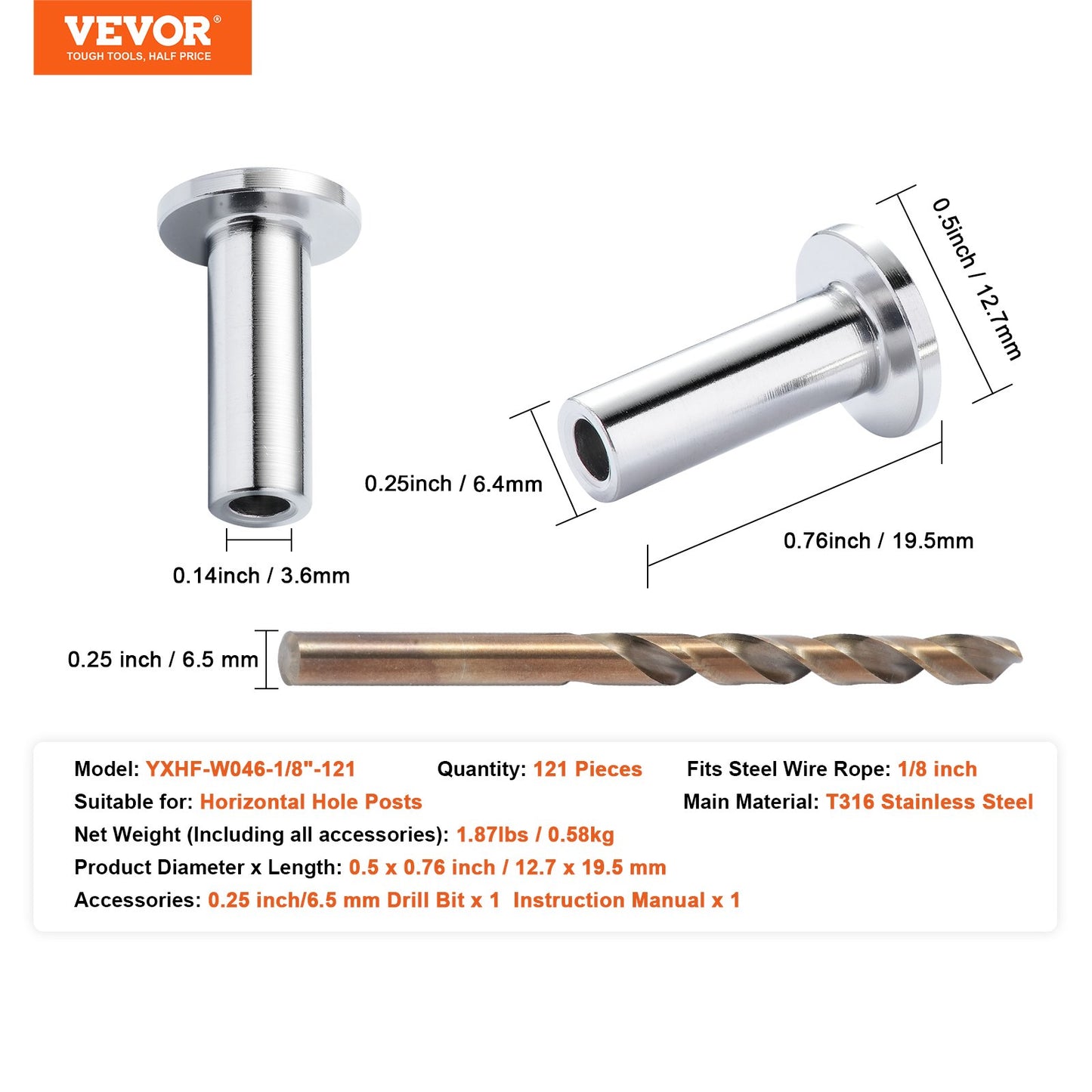 121-pack T316 skyddshylsor i rostfritt stål för 3,2 mm vajerkabelräcke, DIY Balustrade T316 marinkvalitet, levereras med gratis borr, silver