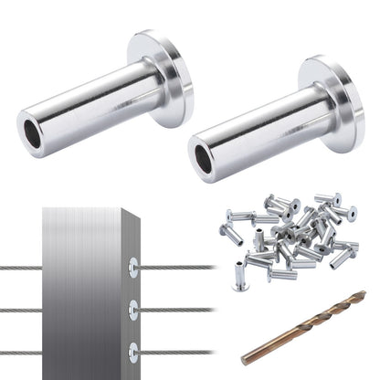 121-pack T316 skyddshylsor i rostfritt stål för 3,2 mm vajerkabelräcke, DIY Balustrade T316 marinkvalitet, levereras med gratis borr, silver