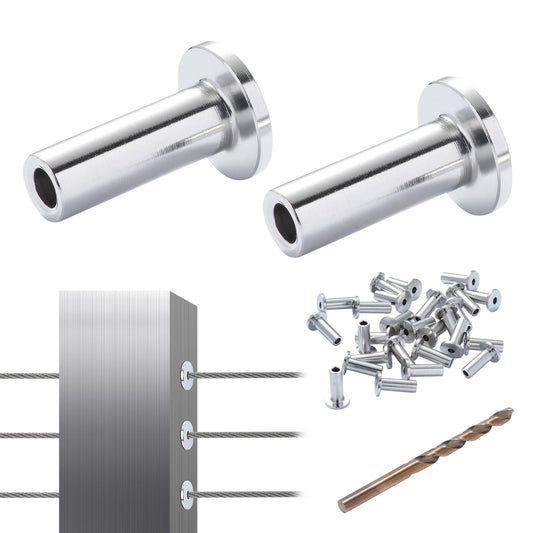 121-pack T316 skyddshylsor i rostfritt stål för 3,2 mm vajerkabelräcke, DIY Balustrade T316 marinkvalitet, levereras med gratis borr, silver