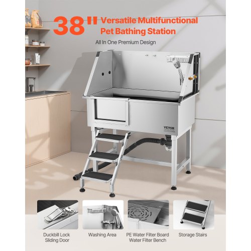 96.5 cm stainless steel dog grooming tub with steps, faucet, left door