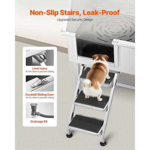 96.5 cm stainless steel dog grooming tub with steps, faucet, left door