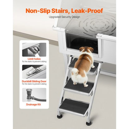 96.5 cm stainless steel dog grooming tub with steps, faucet, left door
