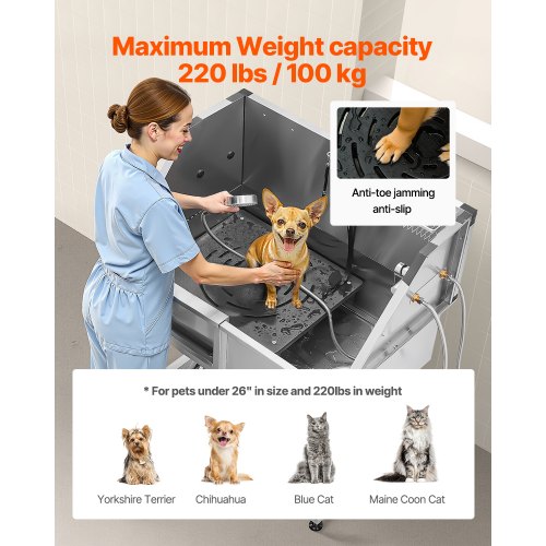 96.5 cm stainless steel dog grooming tub with steps, faucet, left door