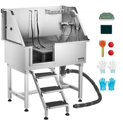 96.5 cm stainless steel dog grooming tub with steps, faucet, left door