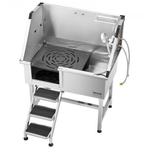 96.5 cm stainless steel dog grooming tub with steps, faucet, left door