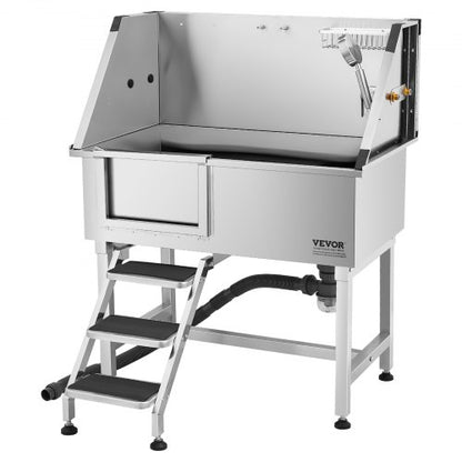 96.5 cm stainless steel dog grooming tub with steps, faucet, left door