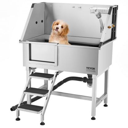 96.5 cm stainless steel dog grooming tub with steps, faucet, left door
