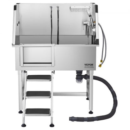 96.5 cm stainless steel dog grooming tub with steps, faucet, left door