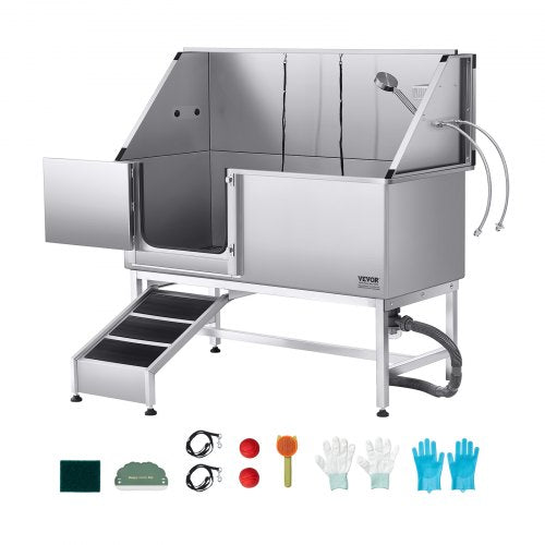 157.5 cm stainless steel dog grooming tub with ramp, water filter, left