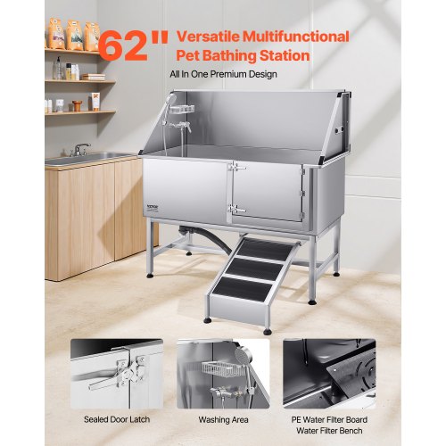 157.5 cm stainless steel dog grooming tub with ramp water filter | EU