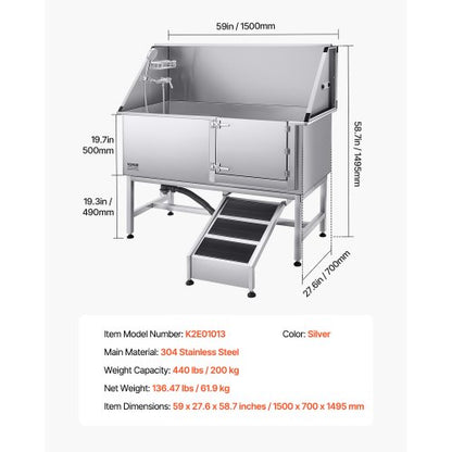 157.5 cm stainless steel dog grooming tub with ramp water filter | EU
