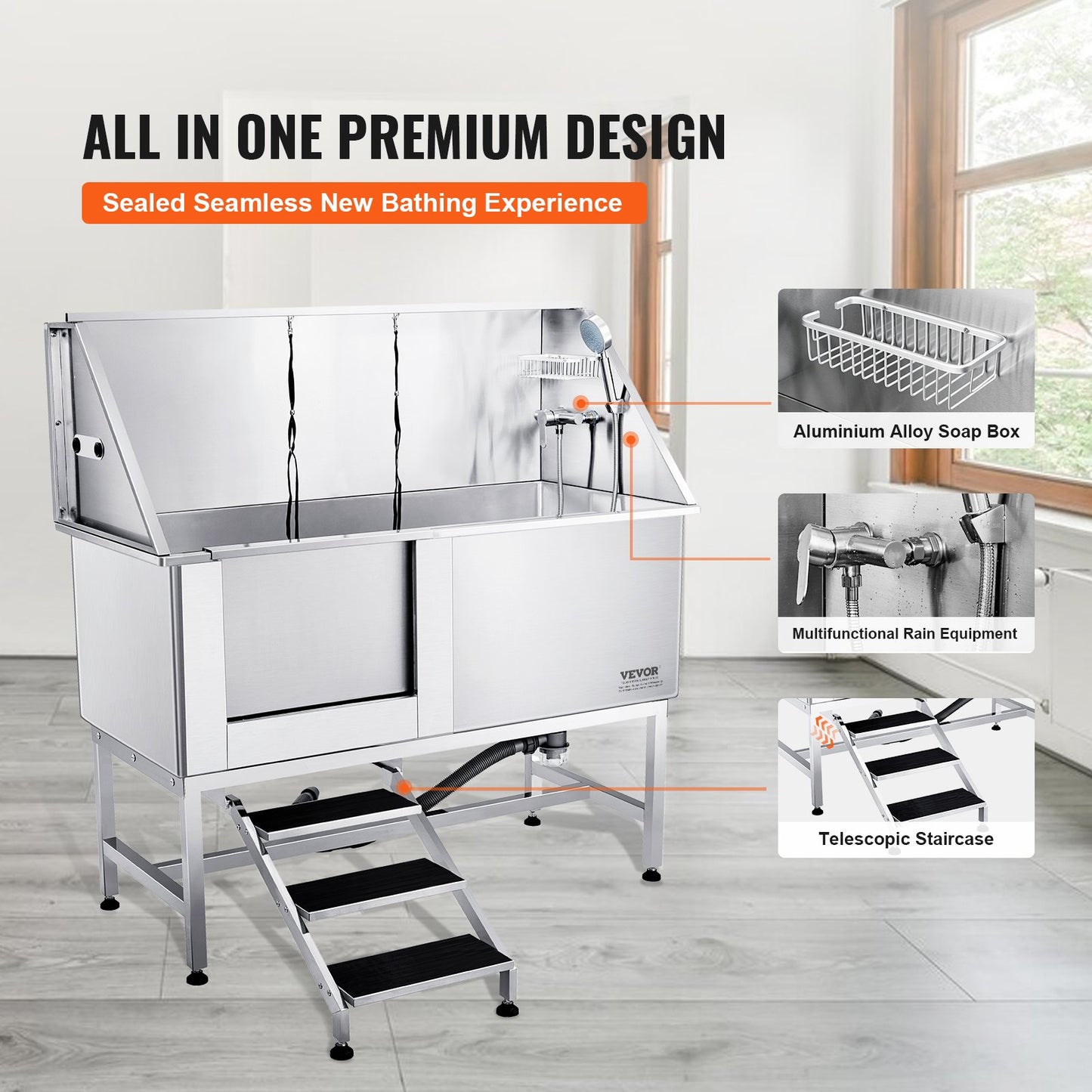 1.57M Pet Dog Bathing Station with Stairs, Professional Stainless Steel Dog Grooming Bathtub with Soap Box, Faucet, Rich Accessories, Bathtub for Large, Medium, Small Pets, Home Wash Basin (Left)