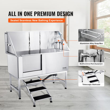 1.57M Pet Dog Bathing Station with Stairs, Professional Stainless Steel Dog Grooming Bathtub with Soap Box, Faucet, Rich Accessories, Bathtub for Large, Medium, Small Pets, Home Wash Basin (Left)