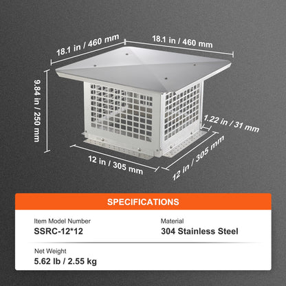 Chimney cap 304.8 x 304.8 mm, 304 stainless steel chimney cap, not easy to collapse &amp; practical accessories &amp; easy installation, fits mesh chimney cover outside clay smoke pipe, silver