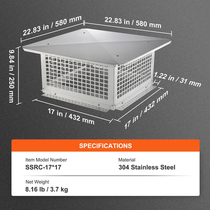 Skorstenslock, 431,8x431,8 mm, 304 rostfritt stål skorstenskåpa, inte lätt att fälla & praktiska tillbehör & enkel installation, passar mesh skorstensskydd utanför lera rökrör, silver