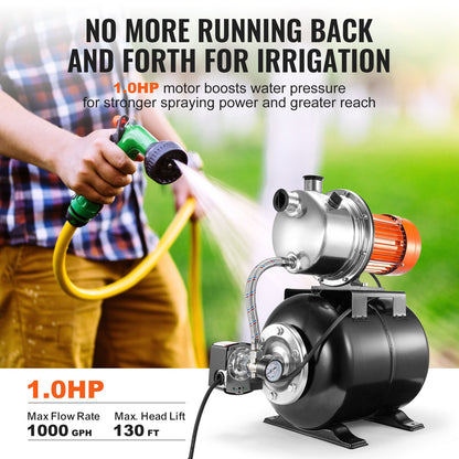 1HP Shallow Well Pump with Pressure Tank 1000GPH Irrigation Booster Pump