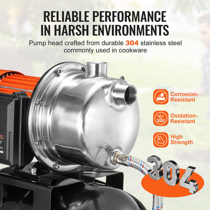 1HP Shallow Well Pump with Pressure Tank 1000GPH Irrigation Booster Pump