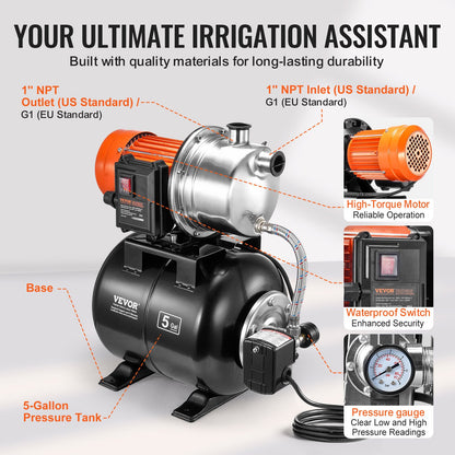 1HP Shallow Well Pump with Pressure Tank 1000GPH Irrigation Booster Pump