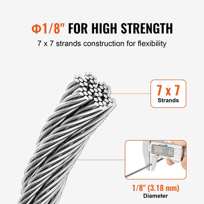 T304 Stainless Steel Cable 1/8" 7x7 Steel Wire 100 Feet Cable Railing