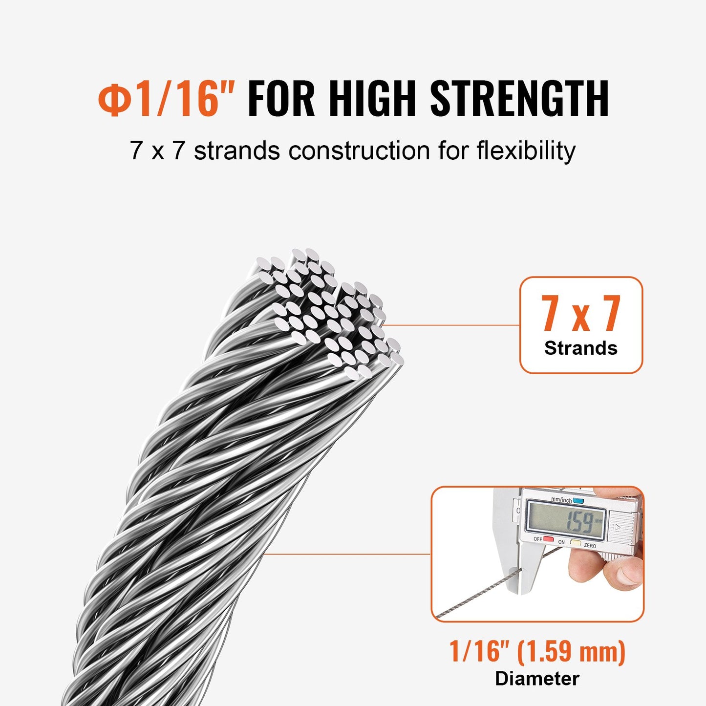 T304 kabel av rostfritt stål 1/16" 7x7 stålvajer 66 fot kabelräcke