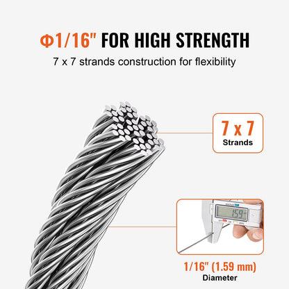T304 kabel av rostfritt stål 1/16" 7x7 stålvajer 66 fot kabelräcke