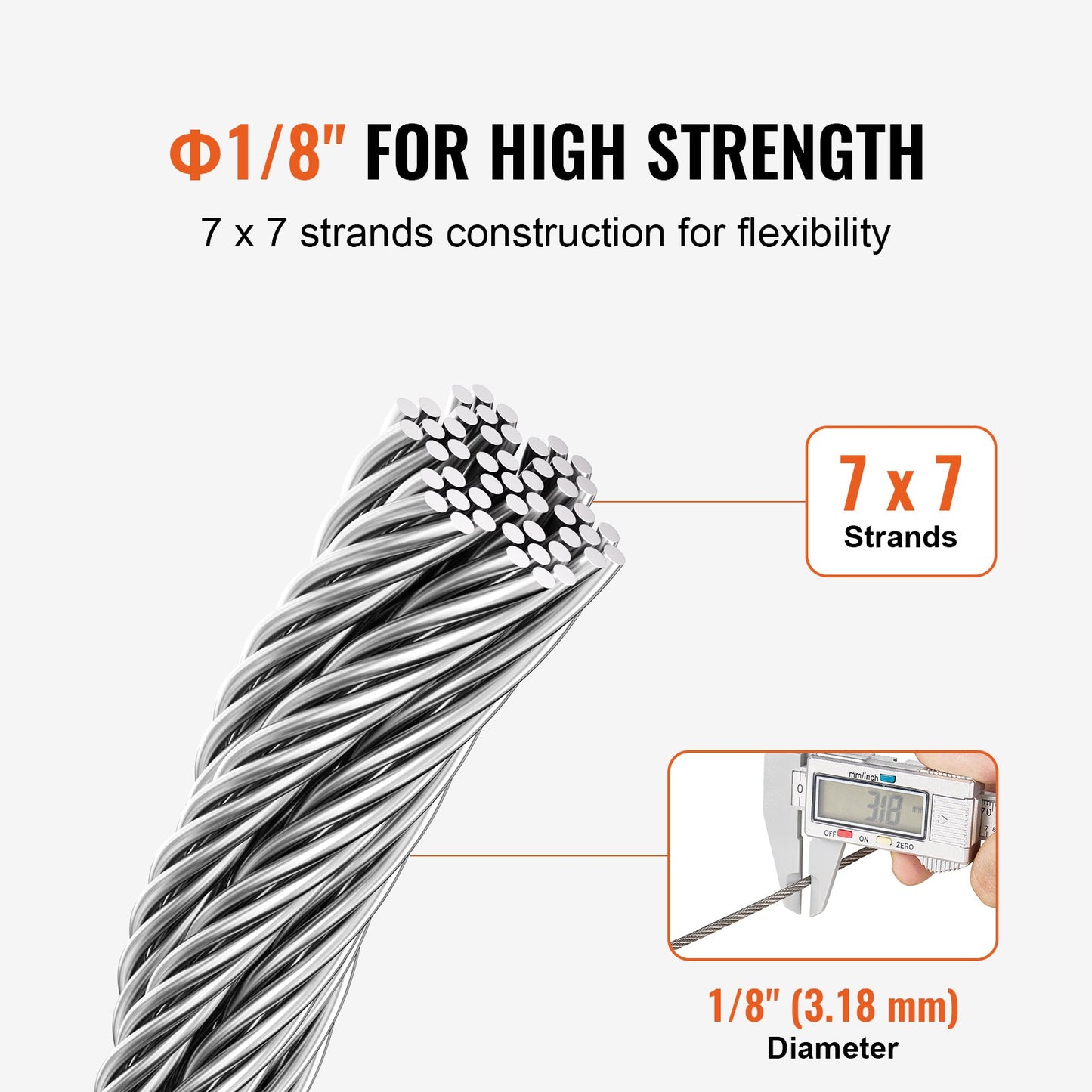 T316 kabel av rostfritt stål 1/8" 7x7 stålvajer 600 fot kabelräcke