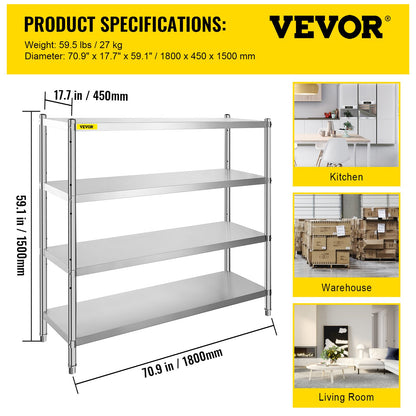 Förvaringshylla, 4-vånings hyllor i rostfritt stål, förvaringshyllenhet, 70,9 x 17,7 x 59,1 tum Heavy Duty förvaringshylla, 1320 pund total kapacitet med justerbar höjd