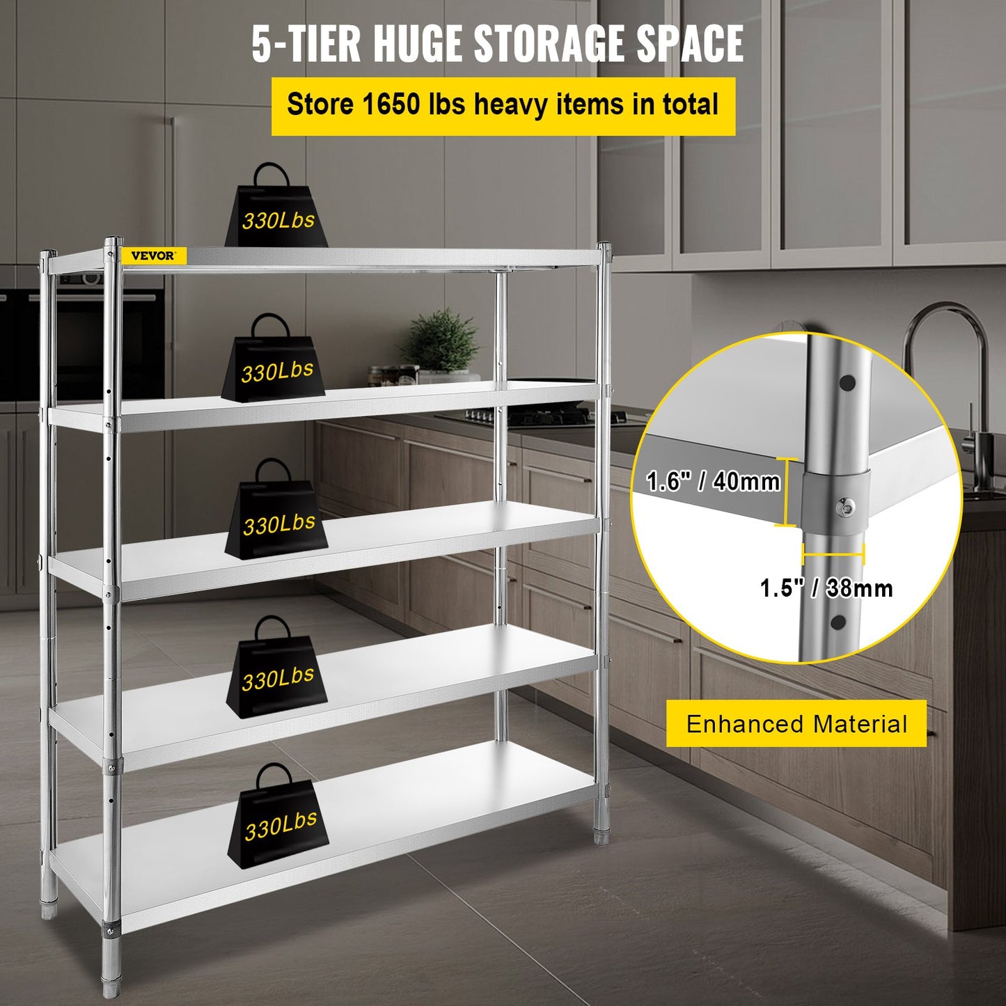 Förvaringshylla, 5-vånings förvaringshylla, garagehylla i rostfritt stål, 70,9 x 17,7 x 70,9 tum Heavy Duty förvaringshyllor, 1650 pund total kapacitet med justerbar höjd