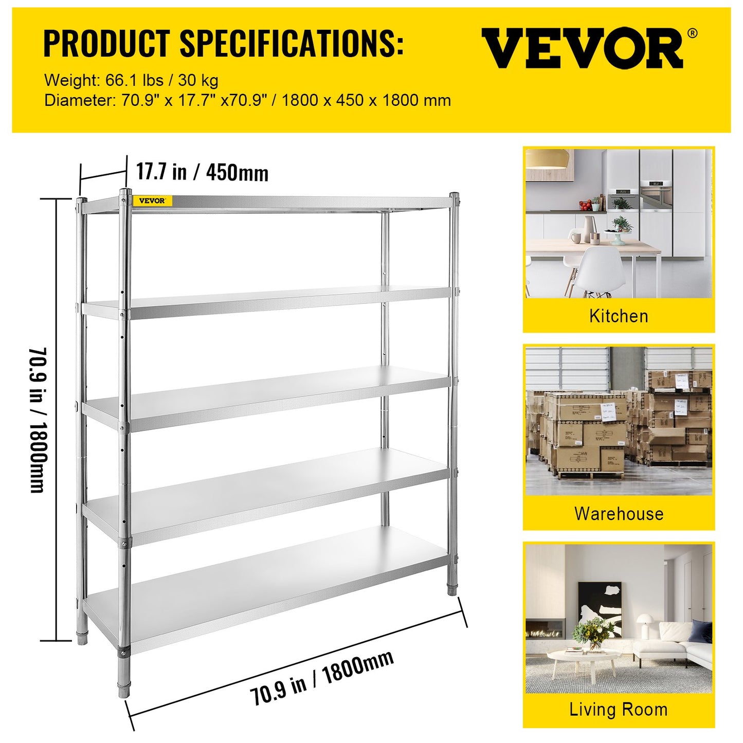 Förvaringshylla, 5-vånings förvaringshylla, garagehylla i rostfritt stål, 70,9 x 17,7 x 70,9 tum Heavy Duty förvaringshyllor, 1650 pund total kapacitet med justerbar höjd