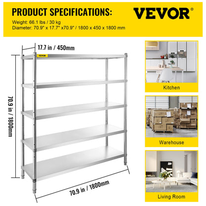 Förvaringshylla, 5-vånings förvaringshylla, garagehylla i rostfritt stål, 70,9 x 17,7 x 70,9 tum Heavy Duty förvaringshyllor, 1650 pund total kapacitet med justerbar höjd