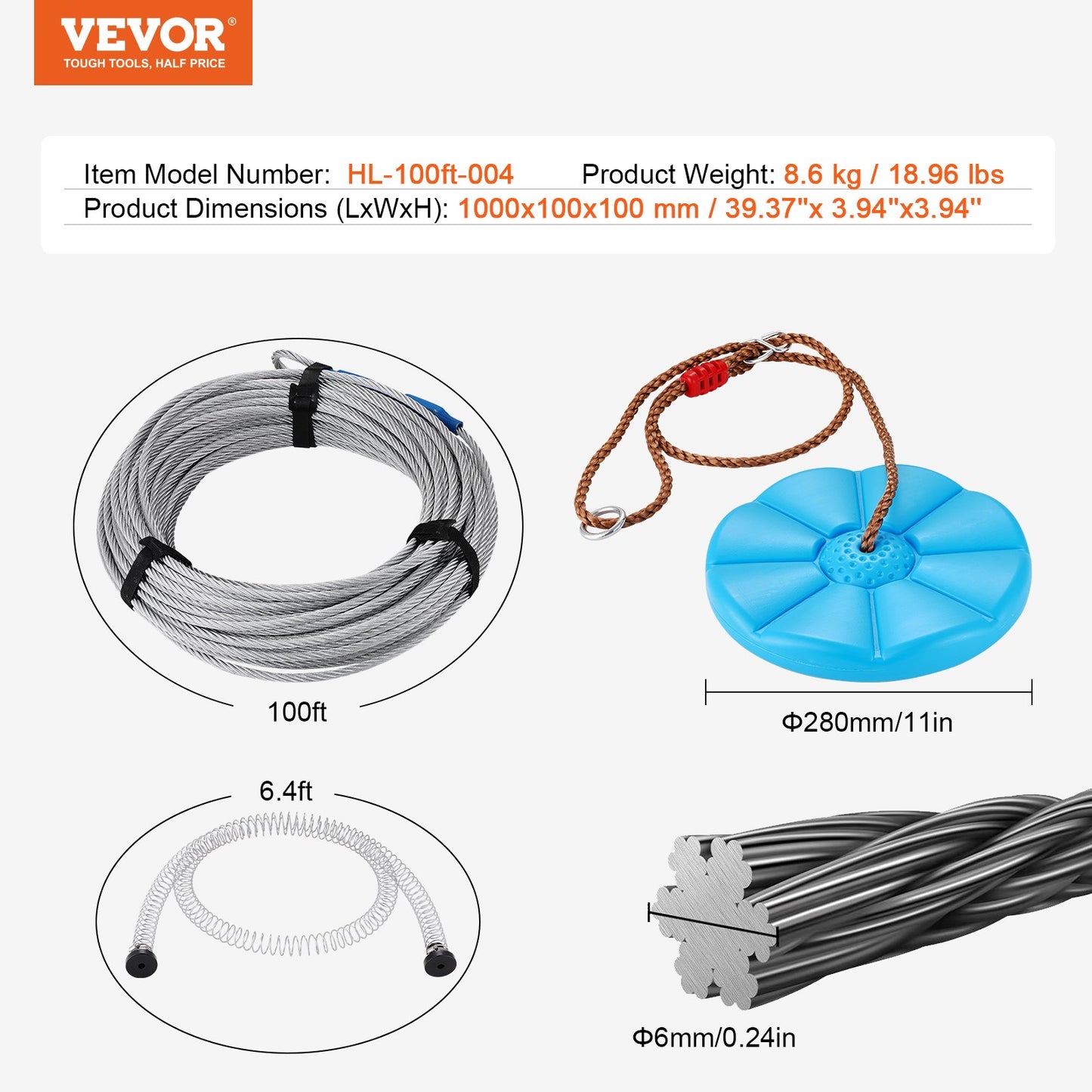 Zipline Kit för barn och vuxna, 100 ft Zip Line Kits upp till 330 lb, Backyard Outdoor Quick Setup Zipline, Lekplatsunderhållning med rostfritt stål Zipline, fjäderbroms, säkerhetssele, säte