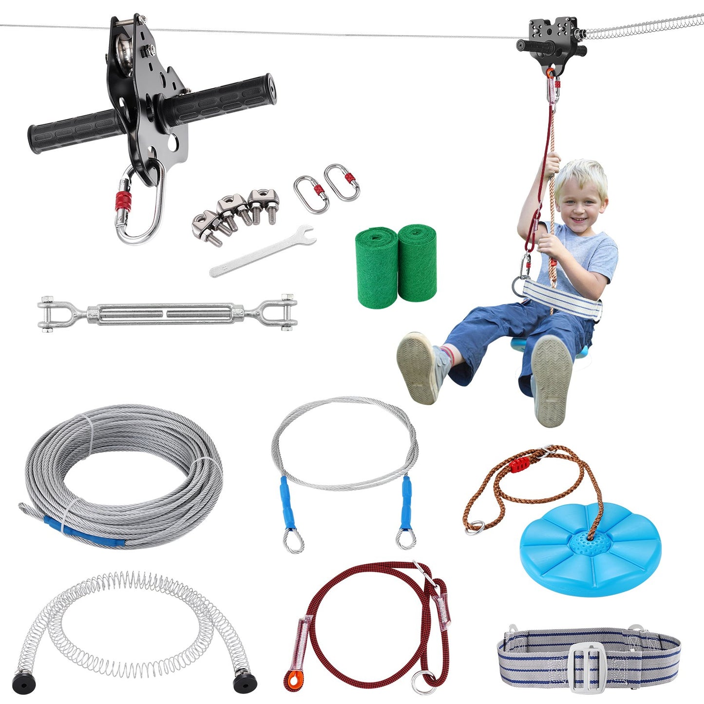 Zipline Kit för barn och vuxna, 100 ft Zip Line Kits upp till 330 lb, Backyard Outdoor Quick Setup Zipline, Lekplatsunderhållning med rostfritt stål Zipline, fjäderbroms, säkerhetssele, säte