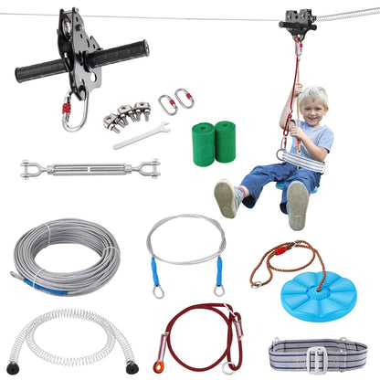 Zipline Kit för barn och vuxna, 100 ft Zip Line Kits upp till 330 lb, Backyard Outdoor Quick Setup Zipline, Lekplatsunderhållning med rostfritt stål Zipline, fjäderbroms, säkerhetssele, säte