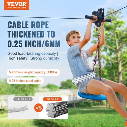 Zipline Kit för barn och vuxna, 120 ft Zip Line Kits upp till 330 lb, Backyard Outdoor Quick Setup Zipline, Lekplatsunderhållning med rostfritt stål Zipline, fjäderbroms, säkerhetssele, säte
