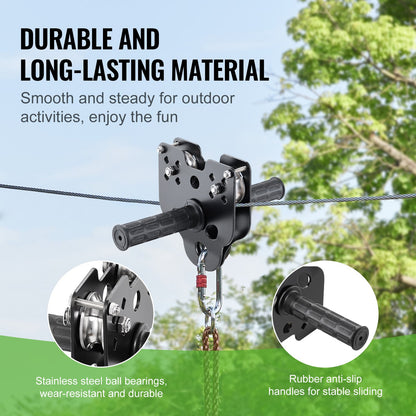 Zipline Kit för barn och vuxna, 120 ft Zip Line Kits upp till 330 lb, Backyard Outdoor Quick Setup Zipline, Lekplatsunderhållning med rostfritt stål Zipline, fjäderbroms, säkerhetssele, säte