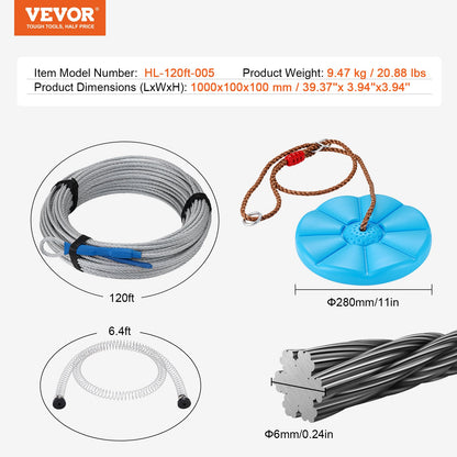 Zipline Kit för barn och vuxna, 120 ft Zip Line Kits upp till 330 lb, Backyard Outdoor Quick Setup Zipline, Lekplatsunderhållning med rostfritt stål Zipline, fjäderbroms, säkerhetssele, säte