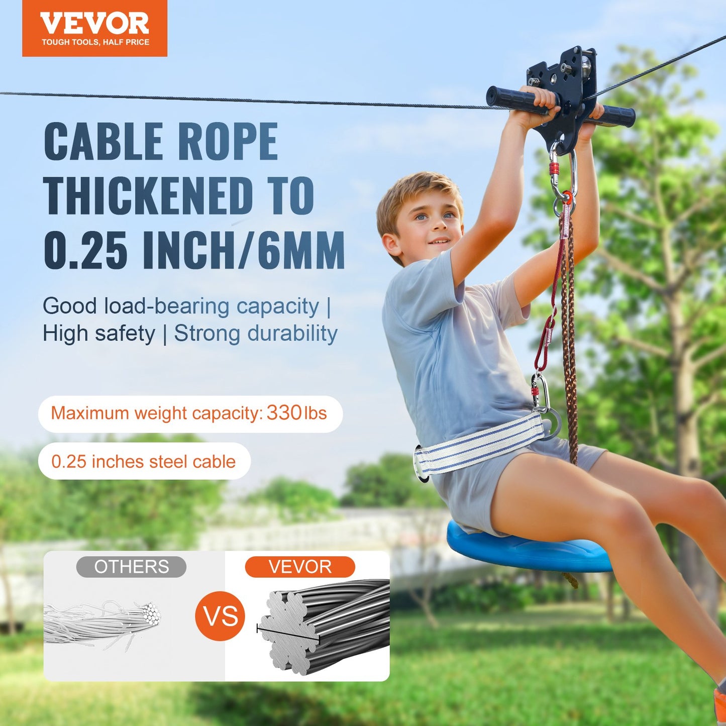 Zipline Kit för barn och vuxna, 160 ft Zip Line Kits upp till 330 lb, Backyard Outdoor Quick Setup Zipline, Lekplatsunderhållning med rostfritt stål Zipline, fjäderbroms, säkerhetssele, säte