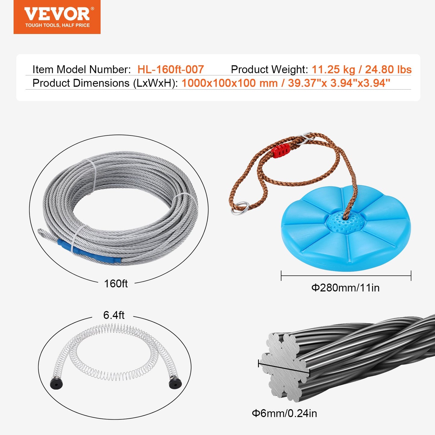 Zipline Kit för barn och vuxna, 160 ft Zip Line Kits upp till 330 lb, Backyard Outdoor Quick Setup Zipline, Lekplatsunderhållning med rostfritt stål Zipline, fjäderbroms, säkerhetssele, säte