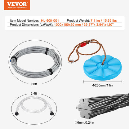 Zipline Kit för barn och vuxna, 60 ft Zip Line Kits upp till 330 lb, Backyard Outdoor Quick Setup Zipline, Lekplatsunderhållning med rostfritt stål Zipline, fjäderbroms, säkerhetssele, säte