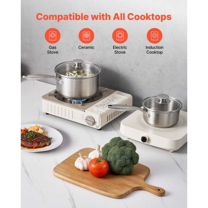 Kastrullset i rostfritt stål, 1 QT & 2 QT & 3 QT kastruller med glaslock, mångsidig nonstick-beläggning i rostfritt stål med ergonomiskt handtag, lämplig för ugn, diskmaskin, induktionshäll |  EU